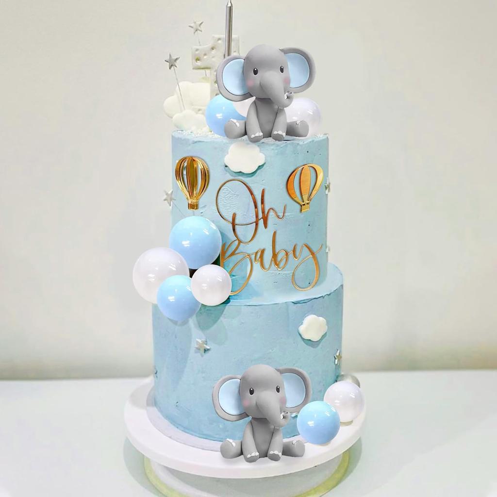 Elephant Cake Decoration with Oh Baby Cake Topper Pearl Balls Hot Air Balloon for Baby Shower Boy Elephant Theme Birthday Party