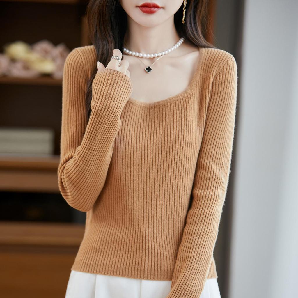 Women's 2025 Autumn/Winter U-Neck Pure Wool Slim-Fit Sweater
