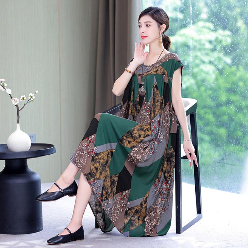 New Hot Fashion Casual 2024 Summer Dress For Women Print Loose O-Neck Cotton Women Clothing Dresses Plus Size