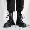 Men's Black British-Style Soft Leather High-Top Martin Boots with Thick Soles for Autumn and Motorcycle Wear.