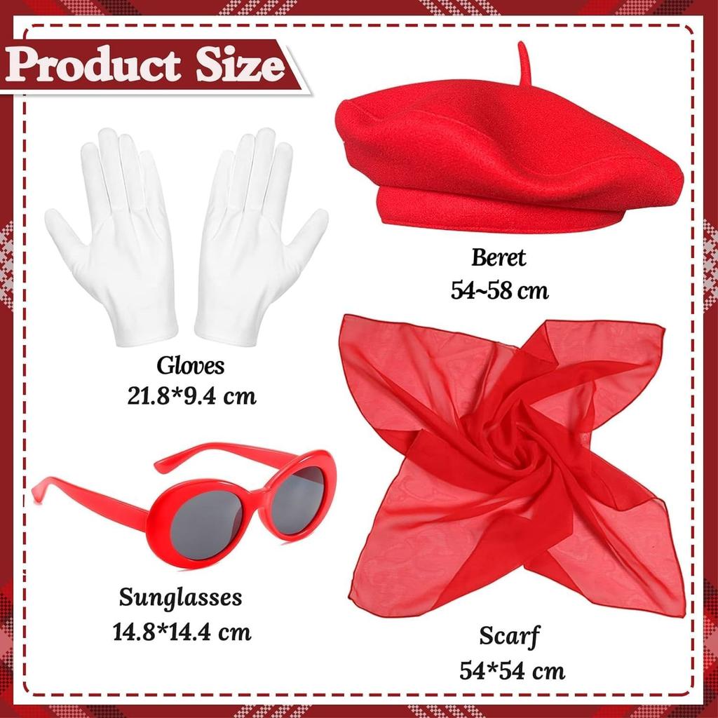 5-piece set French Women's Red Beret Mime Costume Accessories Set Chiffon Scarf, Gloves, Oval Sunglasses, Vintage French Theme