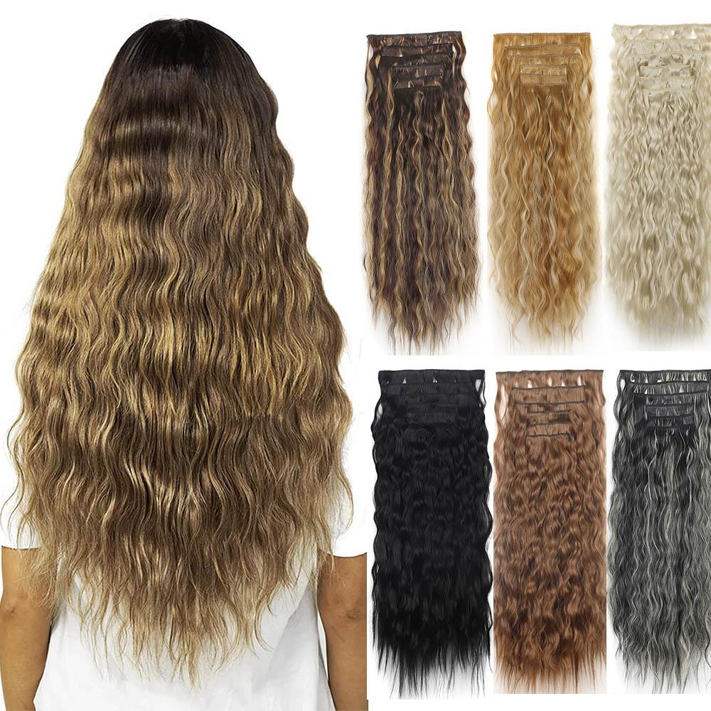 6 шт./компл. накладные волосы на клипсах для пляжных волнистых волос, длинные упругие вьющиеся шиньоны