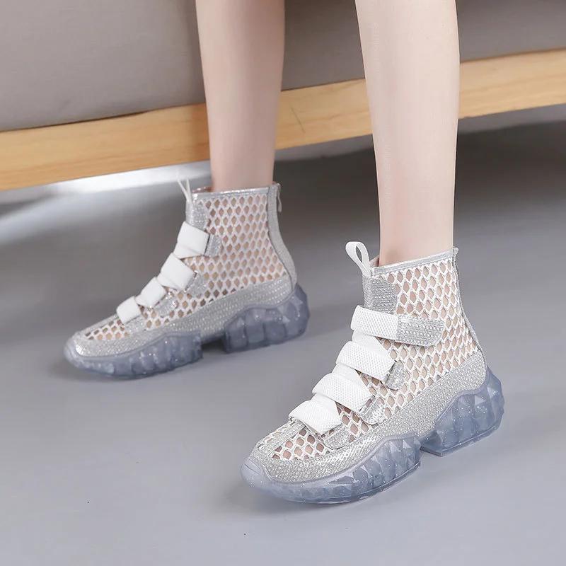 Женские короткие ботинки на плоской подошве 2024 года, новые универсальные летние дышащие и удобные сетчатые ботинки с вырезами, сетчатые ботинки, сандалии для девочек