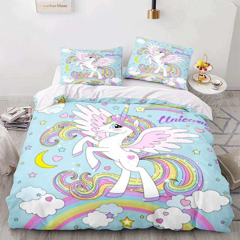 Комплект постельного белья серии 3D Единорог с мультяшными животными, пододеяльник и наволочка, 2/3 предмета, милое животное для комнаты для девочек, мягкое украшение для дома, которое можно стирать в машине