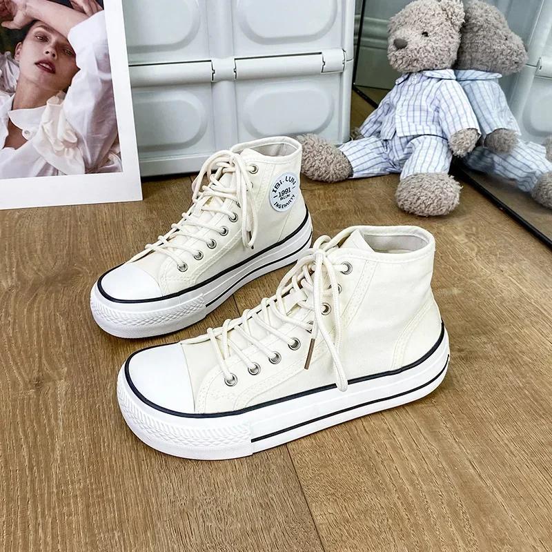 Fashion Women Shoes New Retro Lowtop Sneakers Shoes For Women Canvas Round Toe Cross-tied Causal Flats Women High Top Shoes