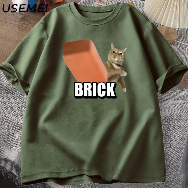 Funny Cat Throwing Brick Meme Lightweight Tshirt for Unisex Women Leisure Cotton T Shirt Round Neck Fashion Short Sleeve Tshirt