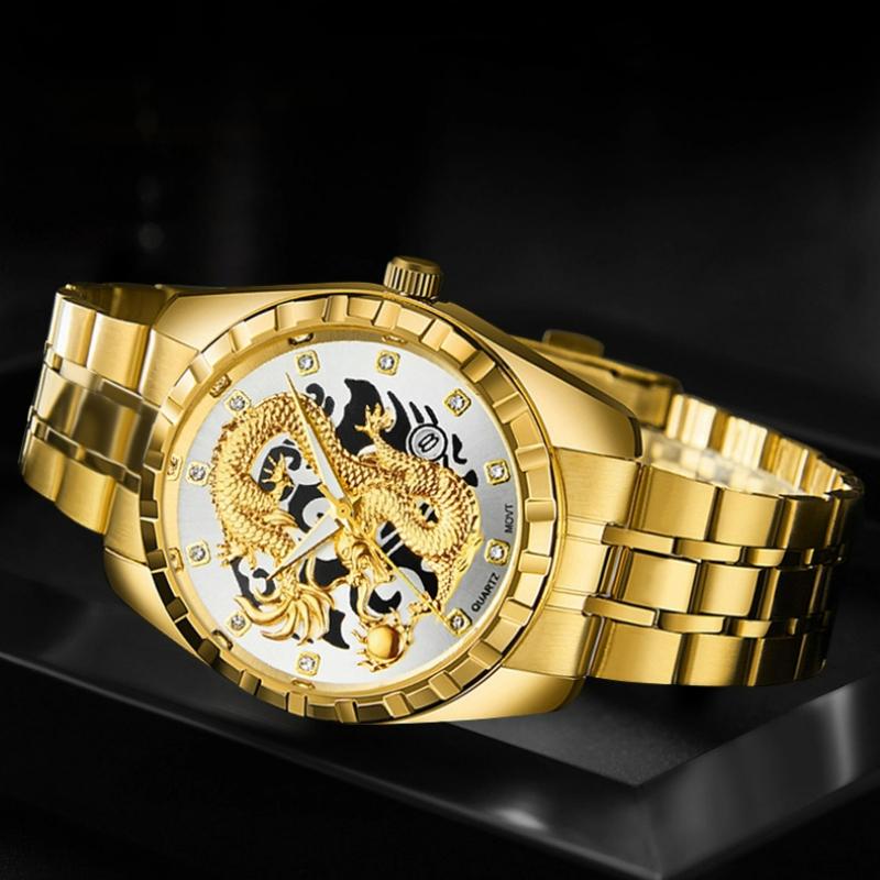 WLISTH Мужские часы с тисненым золотым драконом, водонепроницаемые, инкрустированные бриллиантами, мужские, модные, для среднего и пожилого возраста, часы