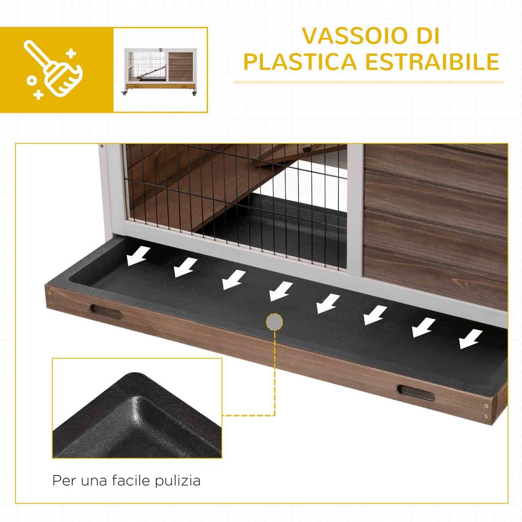 Wooden Rabbit Hutch with 4 Wheels, Rabbit House and Ramp, 90x53x59cm, Brown