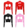 Womens Glossy Mock Neck Top Long Sleeve Back Zipper Sheer Cutout Patent Leather Club Partywear