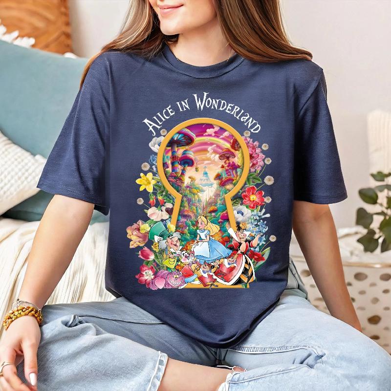 Fashion 2026 New Alice in Wonderland Movie Print Womens High Quality Loose Plus Size Cotton Short Sleeve