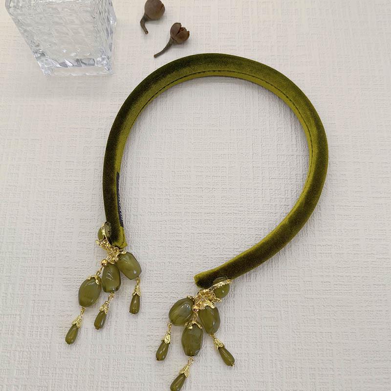 Velvet Olive Green Tassel Flocking Headband for Women - Chinese Style Hair Accessory