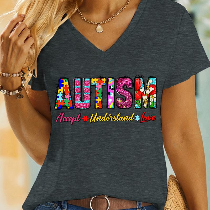Retro Autism Tshirt Accept Understand Love Classic Tops Tees Women Tshirts Autism Awareness Gift for Mom Vneck Summer Clothes