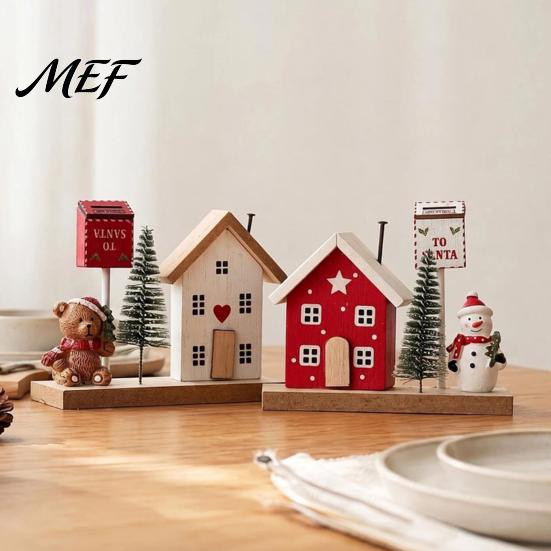 Durable Solid Wood Base Ornaments Mini Christmas Village House Figurine, Winter Scene Ornament with Snowman Holiday Tabletop Decorations Bear
