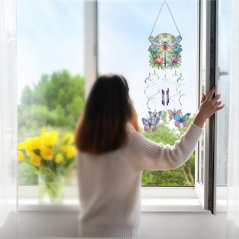 Acrylic Double-sided Diamond Painting Captures Flower Butterfly Hummingbird Dragonfly DIY Wind Chimes Garden Doors and Windows D