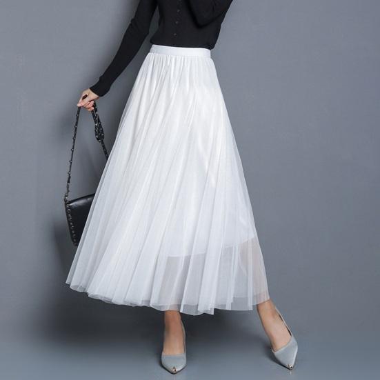 Women Midi Skirt Elastic High Waist Long Skirt with Solid Mesh Hem Solid Color A-Line Skirt Daily Wear