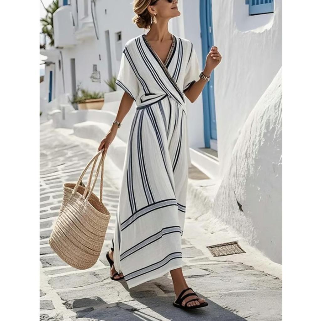 Women's V Neck Short Sleeve Maxi Dress Loose Fit Mid Waist Elegant Striped Wrap Dress