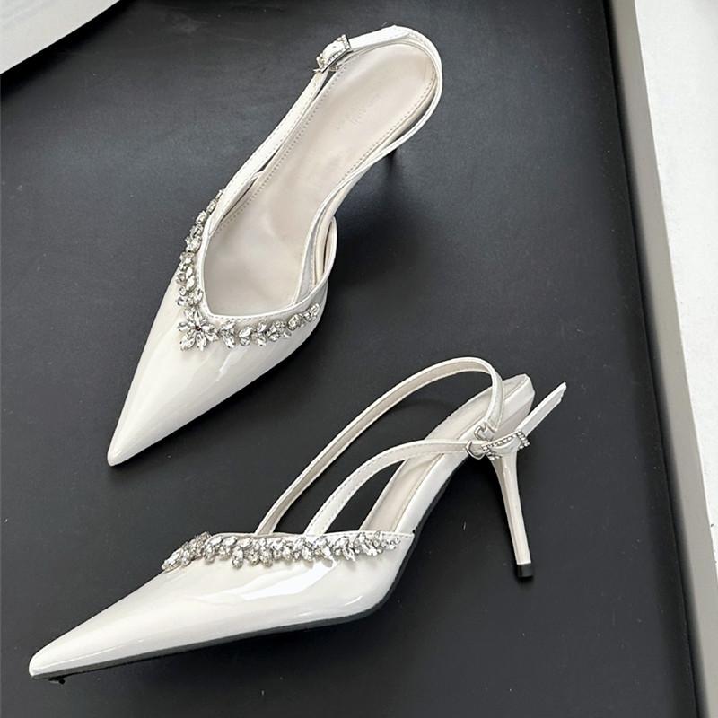Модные Высококачественные Лакированные Кожаные Туфли-Лодочки со Стразами на Высоком Каблуке Женские Сексуальные с Острым Носком и Ремешком через Пятку Элегантные Банкетные Туфли для Платья