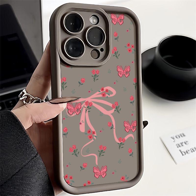 Матовый чехол TPU с цветочным принтом и бантом для iPhone 16 Pro Max 15 Pro 14 13 12 11 XS XR, защита линз, противоударный мягкий силиконовый чехол для телефона