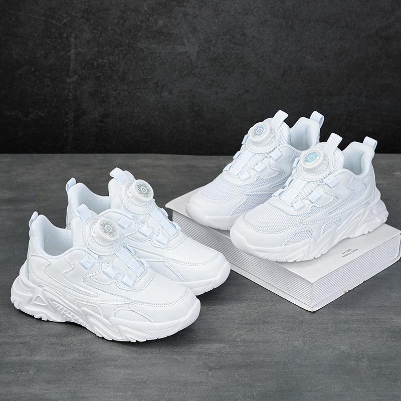 Белые кроссовки для учеников начальной школы весна и осень, сетчатые кроссовки с вращающейся кнопкой для девочек, детская белая обувь, дышащие кроссовки
