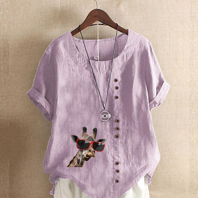 Women's Fashion Giraffe Prined Short Sleeve T-shirt Loose Cotton Shirt Casual Loose Summer Blouse Tops Plus Size