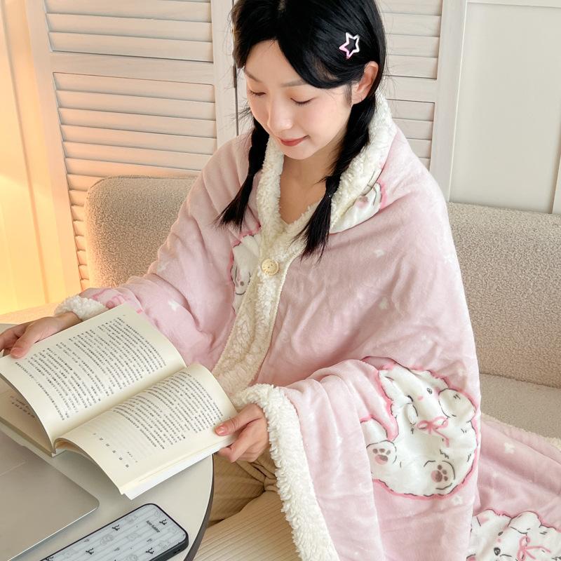 2026 Winter Thickened Milk Fleece Blanket Soft Warm Wearable Shawl Blanket with Buttons Cute Animal Plush Lap Blanket for Office Home Travel