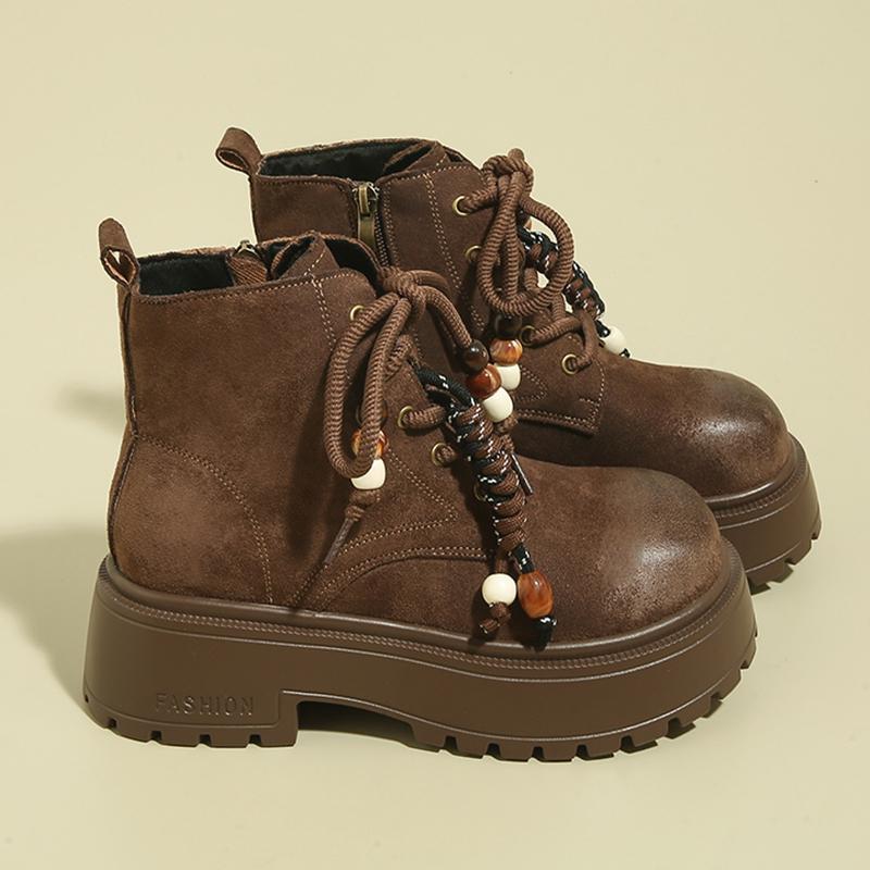 Vintage Chunky Platform Ankle Boots Women Autumn Winter Thick Sole Lace Up Boots Woman Anti Slip Zipper Short Booties Mujer