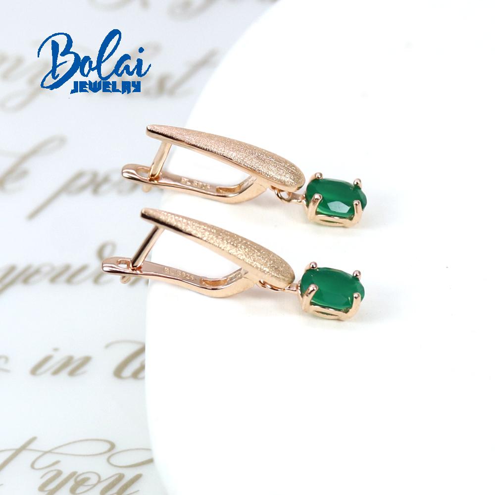 Bolaijewelry Серьги-кольца овальной формы 5*7 мм с натуральным зеленым агатом, комплект украшений из стерлингового серебра 925 пробы, розовое золото, изысканные украшения для женщин, подарок на годовщину