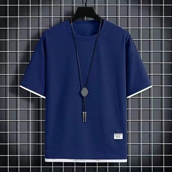 Летняя мужская футболка с круглым вырезом, искусственная футболка из двух частей, плюс размер, свободная средней длины, сплошной цвет, вафельная текстура, плюс размер, половина рукава, уличная одежда, топ на открытом воздухе