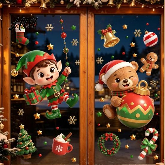 Holiday Atmosphere Window Films 2PCS Christmas Static Sticker, Cute Cartoon Elves And Bears Theme Glass Clings Print, PVC Stickers for Home