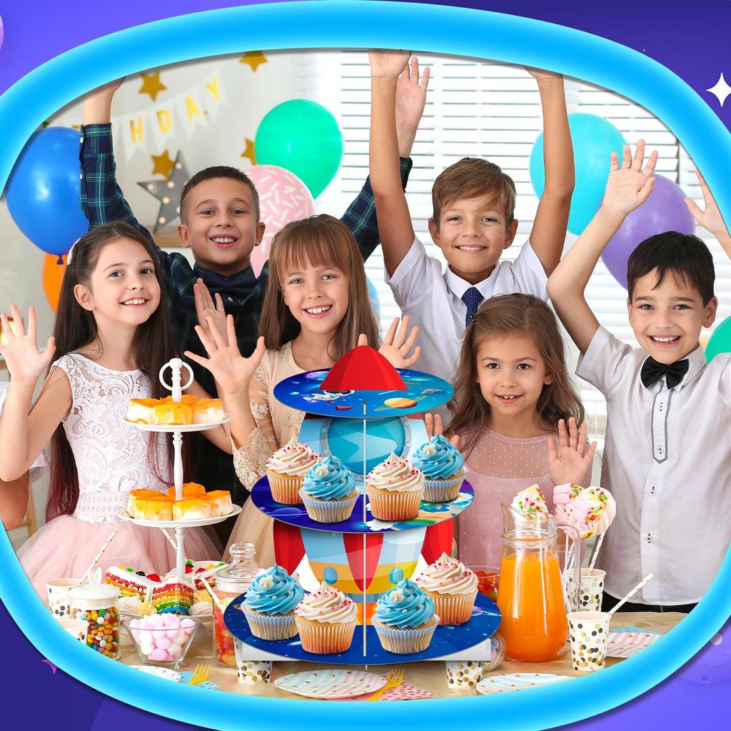 Space Cupcake Stand,3Tiers Space Theme Cupcake Stand,Space Theme Cupcake Dessert Holder,Space Themed Party Decoration&Outer Space Birthday Decorations