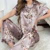 Women's Satin  2 Piece Autumn Short Sleeve Top & Long Pants Pj Sets Silky Sleepwear Loungewear for Ladies Home Clothes