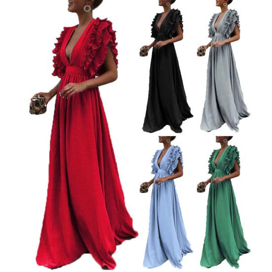 Women Prom Dress Flying Sleeve Ruffles Low-cut Deep V Neck Pleated Dress Up Floor Length High Waist Evening Dress Cocktail Dance Clothes