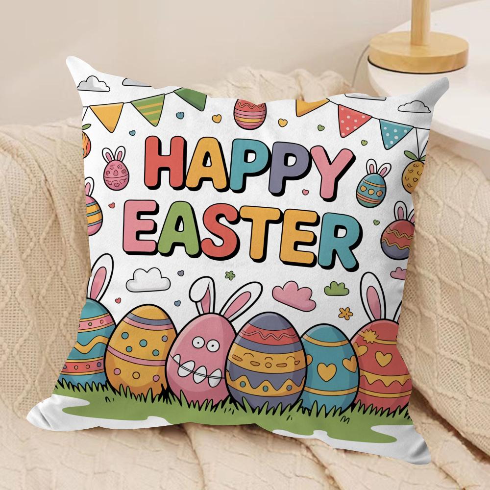 Easter cartoon eggs Cushion Cover Silky Short Plush Invisible Zipper Dustproof Sofa Pillow Case for Home Decor