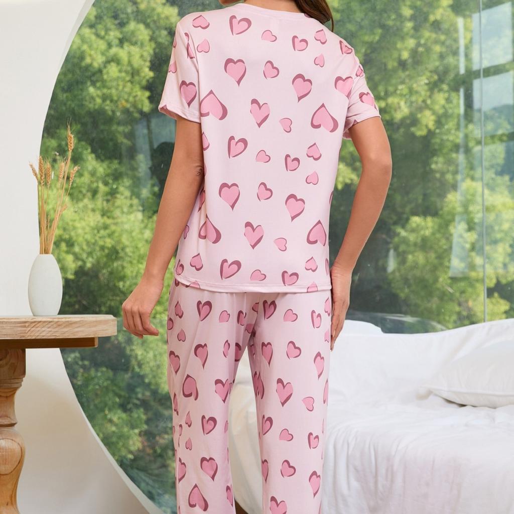 Пижамный комплект весна-лето для женщин с принтом в виде сердца, топ с короткими рукавами и длинные брюки, пижама с повязкой на глазу, повседневная свободная мягкая домашняя одежда