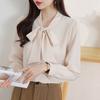 Женская рубашка со шнуровкой и бантом на воротнике, с длинным рукавом, повседневная рубашка, однотонная, свободная, шифоновая рубашка, топы, повседневная одежда