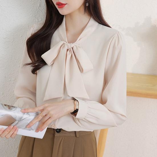 Женская рубашка со шнуровкой и бантом на воротнике, с длинным рукавом, повседневная рубашка, однотонная, свободная, шифоновая рубашка, топы, повседневная одежда