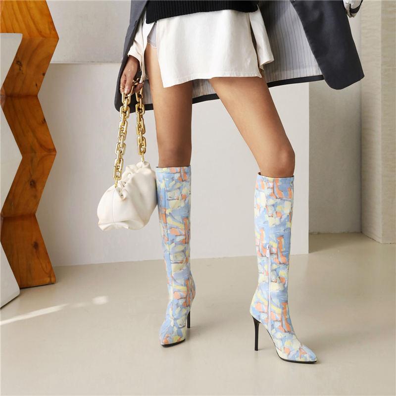 Women's High-heeled Boots with a Simple Autumn and Winter Temperament, Pointed and Fine Heel Printed Plus Size Women's Boots