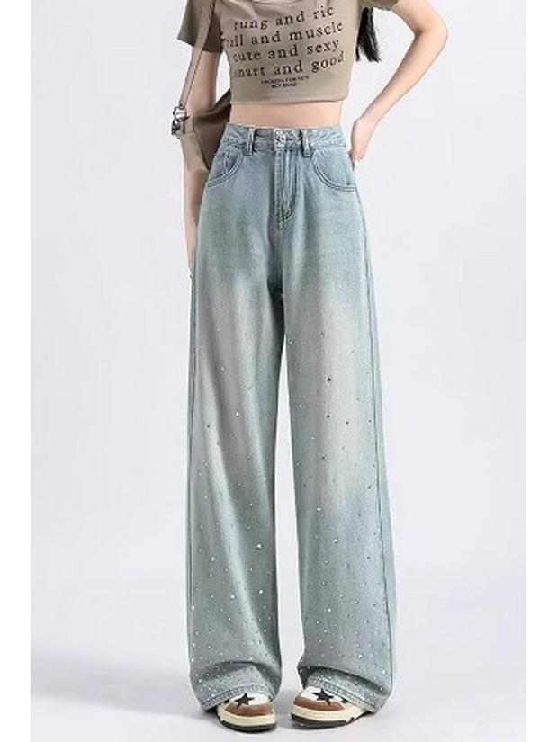 Весна и Осень 2025 Женские Джинсы с Высокой Посадкой, Светлые, Широкие от Бедра: Трендовые Универсальные Стройнящие Прямые Брюки с Дизайном Горячей Отделки.