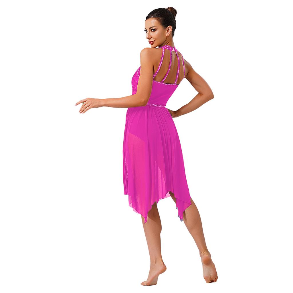 Премиальный костюм для лирического танца для женщин S-XXL Платье-халтер со стразами и сетчатой юбкой с оборками для соревнований и занятий