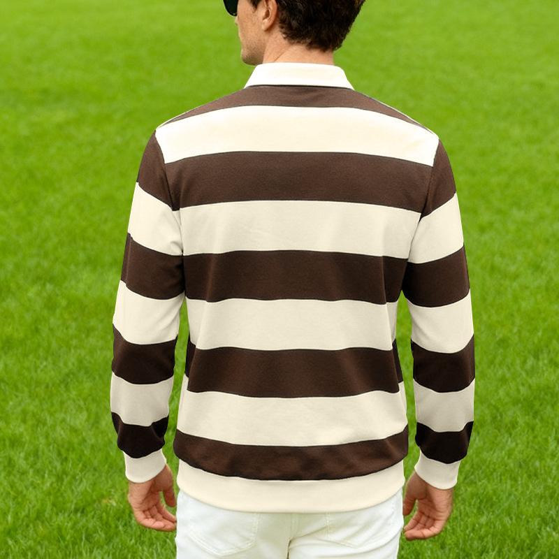 Новая мужская рубашка поло с длинным рукавом: Свободный крой, Легкая, Повседневная футболка в полоску в зрелом стиле