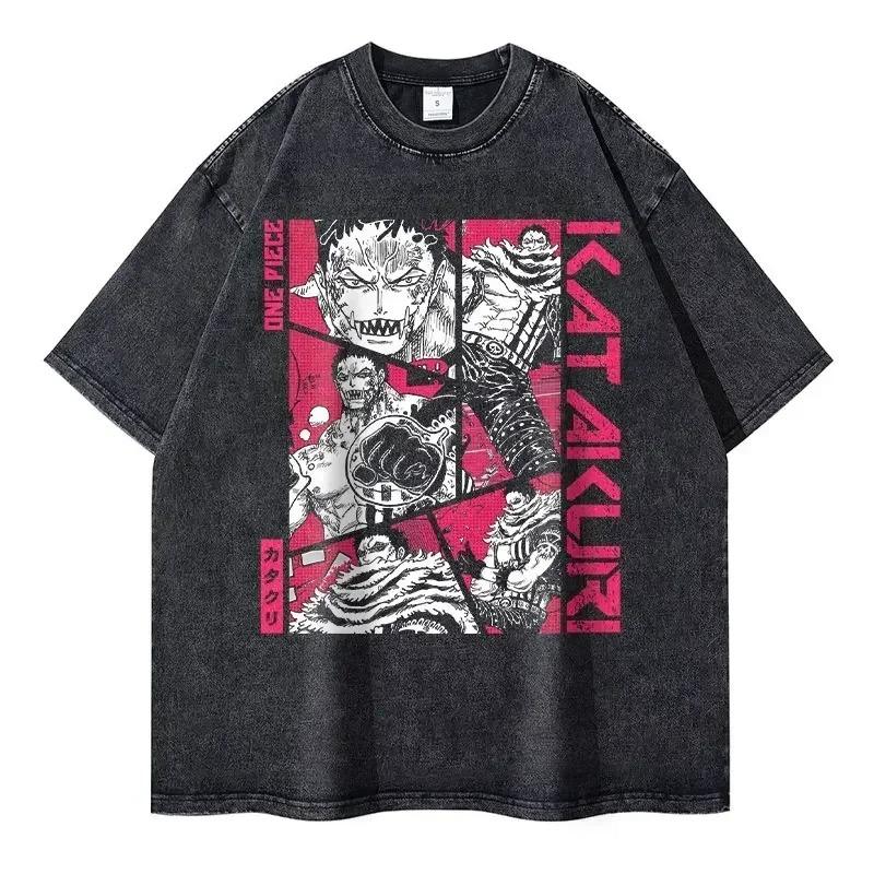 Стильная washed футболка унисекс Streetwear Оверсайз Y2K Хлопок Высокое качество L-Luffy Манга Топы Футболки 100% Хлопок Женская Мужская Одежда