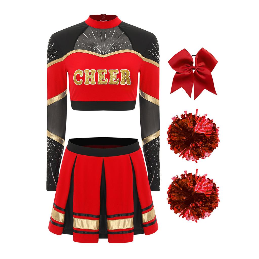 Women Cheerleading Performance Dance Outfit Long Sleeve Mock Neck Rhinestones Crop Top Pleated Skirt Hair Tie Set