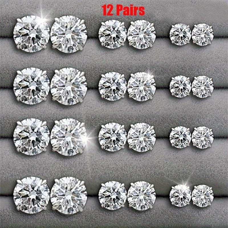 12 Pairs Six Claw Crystal Earrings Set Geometric White Shiny Zircon Wedding Stud Earrings Set for Women Men Jewelry Accessories