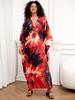 EDOLYNSA Red Bohemian Long Dress Relaxed Women's Kaftan Printed Holiday Cover Up Bat Sleeves Casual  House dress