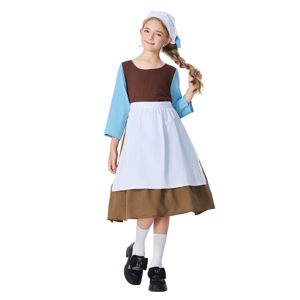 Kids Girls Maid Farm Waitress Lolita Dress Apron Sets Halloween Cosplay Costumes School Stage Drama Role Play Outfits