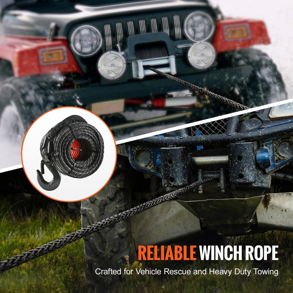 Synthetic Winch Rope, 3/8 Inch x 100 Feet 26,500 lbs Synthetic Winch Line Cable Rope with Protective Sleeve + Forged Winch Hook + Pull Strap,