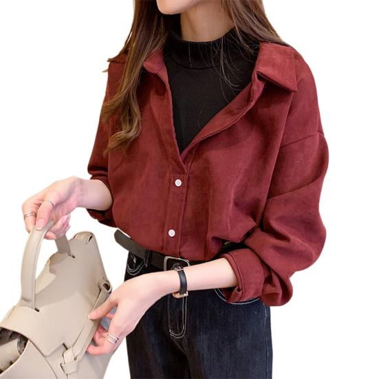 Women Corduroy Shirt Lapel Long Sleeve Single-Breasted Shirt Tops Bottoms Tops Layer Wear Commuter Style Shirt