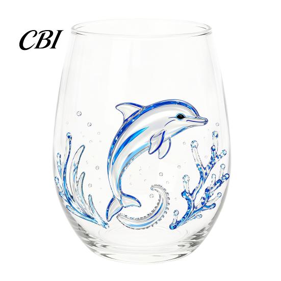 Ocean Lover Birthday Gift Handcrafted Glass Cup, Unique Marine Animal Theme Print Artisan Hand Blown Cup Bar Tumbler, Decorative Glassware for