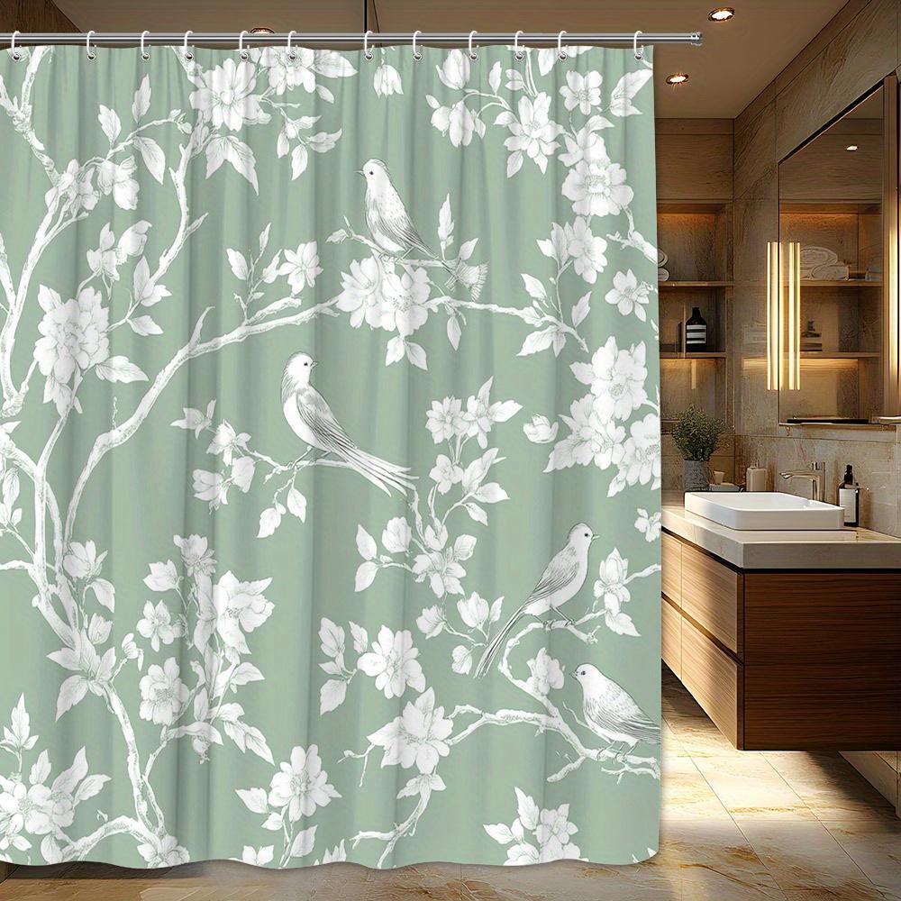 Elegant Vintage Botanical & Bird Shower Curtain - Sage Green with White Birds and Hand-Drawn Branches, Polyester Fabric, 180.0