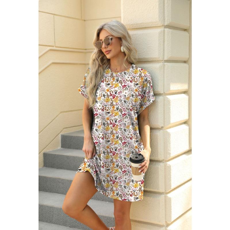 YYFS Женская мода лето весна цветочный узор принт короткий рукав О-образный вырез свободная талия повседневные платья